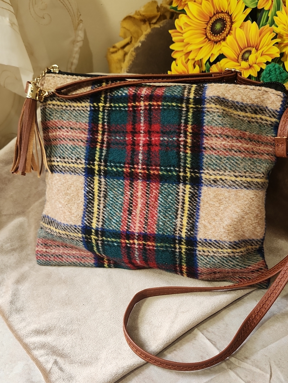 Plaid Wool Crossbody Bag with Brown Trim - Multicolor